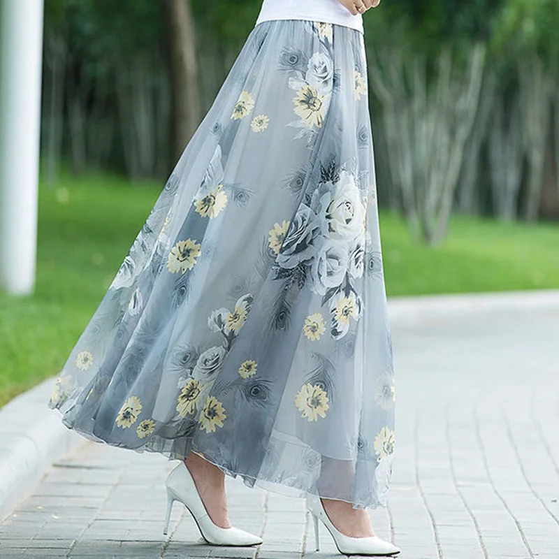 3XL Plus Size Women Floral Skirts Summer High Waisted Maxi Chiffon Long Skirt Beach Skirt Pleated Boho Skirts Women Clothes C485