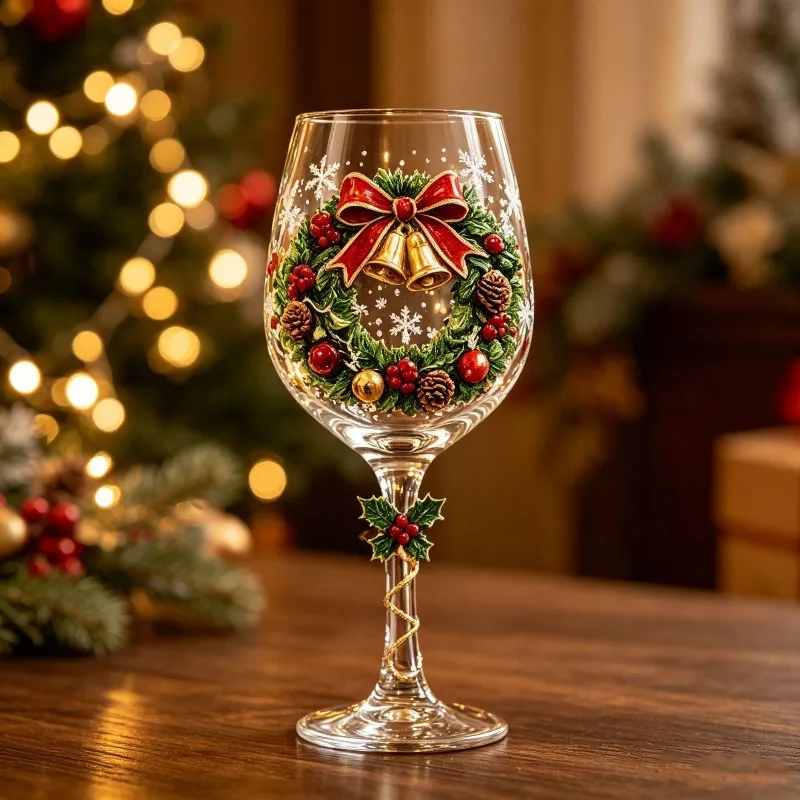 Christmas Santa Wine Glass 350ml Sticker Design Clear Stemmed Goblet for Holiday Table Decor Party Drinkware Gift