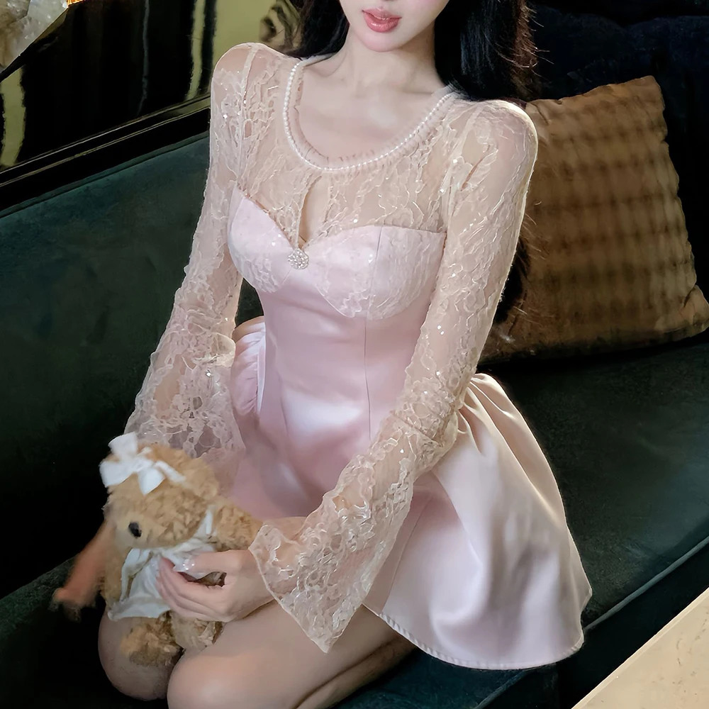 French lace dress for women, spring 2025 new style, pure waist pinching skirt, A-line long sleeved skirt  vestidos de mujer