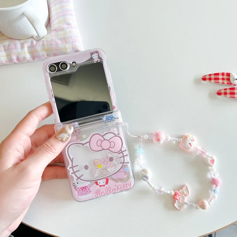 귀여운 만화 산리오 헬로키티 스탠드 홀더 폰 케이스 삼성 갤럭시 Z 플립 7 6 5 4 케이스 투명 소프트 TPU 커버 끈 포함