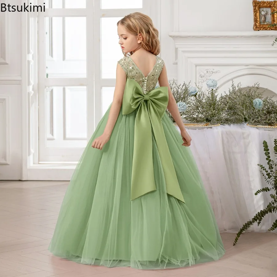 Girls Party Dresses Long White Bridesmaid Dresses Wedding Prom Gown Big Bow Girls Party Dress Kids First Communion Formal Gown view 4