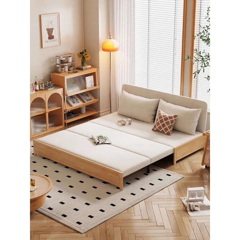 home solid wood foldable retractable sofa bed cream wind small apartment living room straight row dual-purpose sofa bed