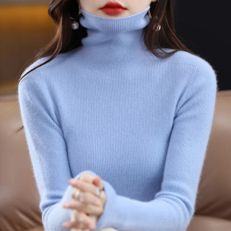 

2025 Fashion Turtleneck Cashmere Sweater 100% Merino Wool Women's Tight Turtleneck Pullover Bottoming Sweater Autumn Winter