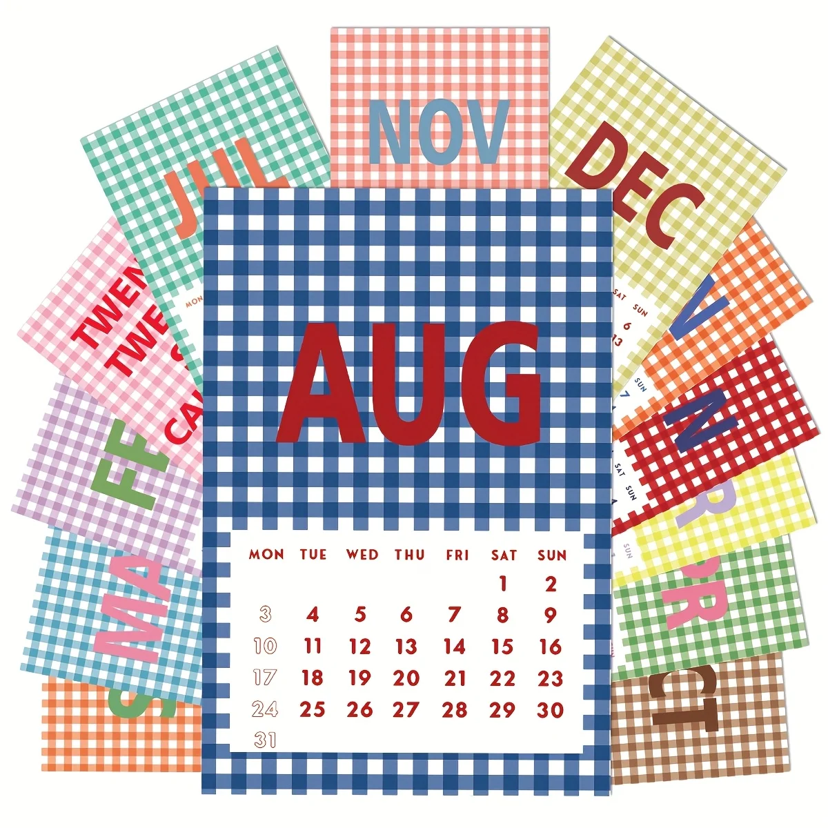 

13pcs 2026 colorful plaid Calendar Cards,12 Monthly Planner Date Mark Index Cards for record and time management, Decorations
