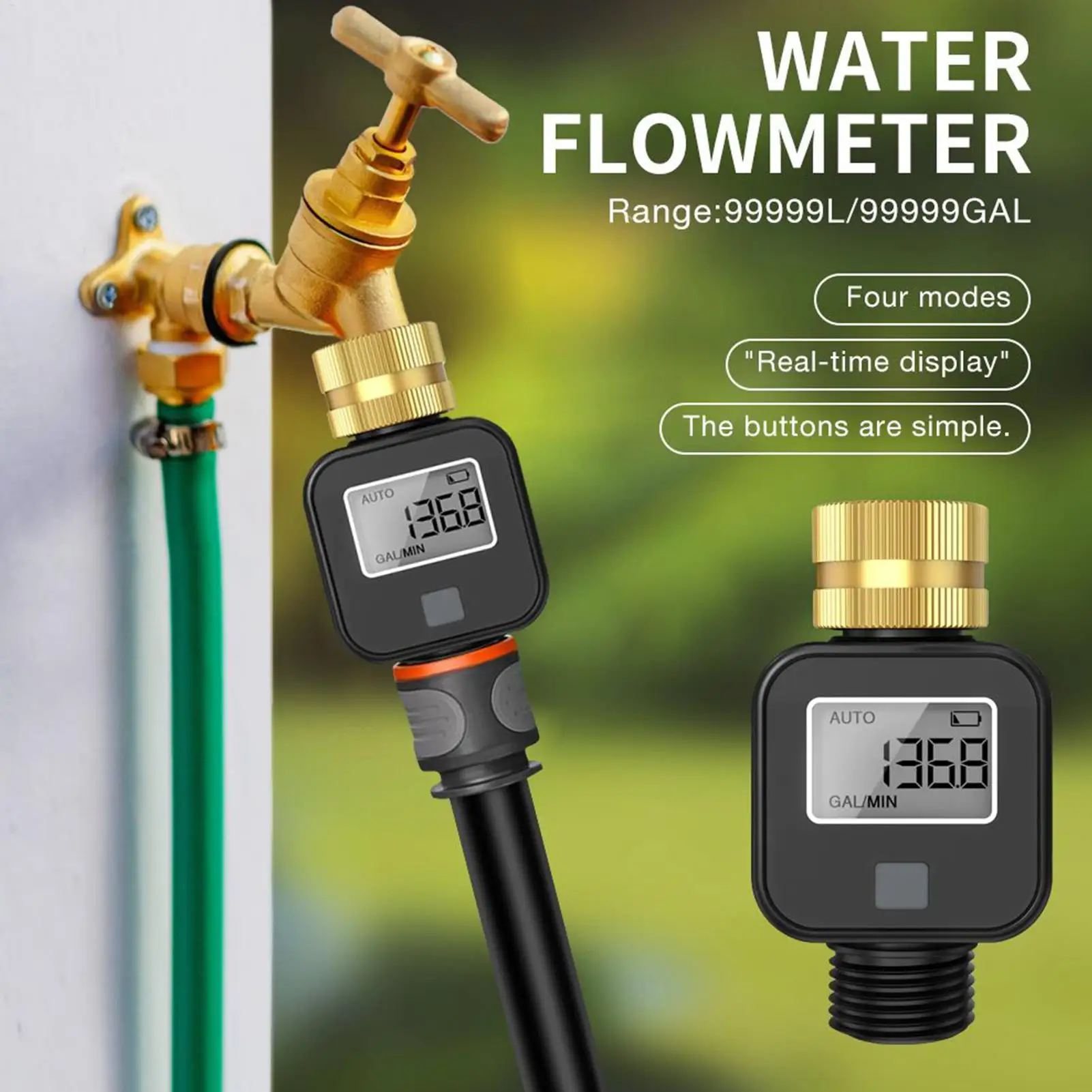 

Цифровой расходомер воды, латунный впускной выход, IPX5, водонепроницаемый тест на расход воды для полива сада, ирригационный шланг