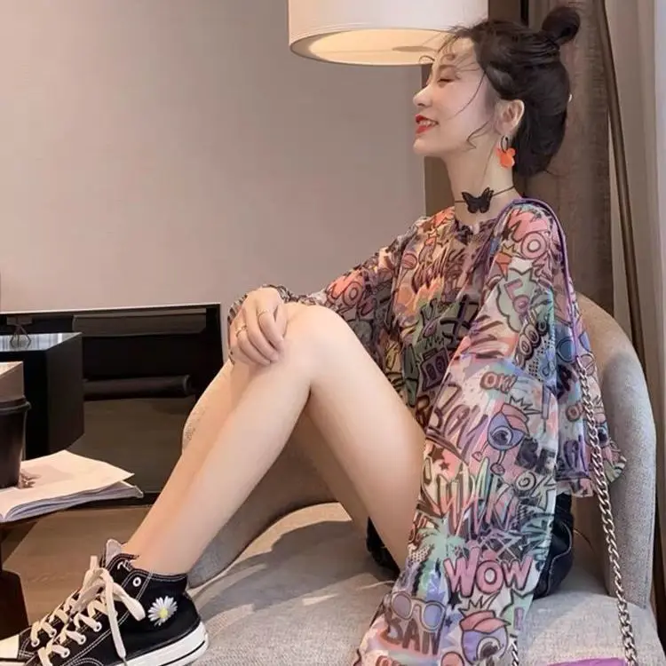 تي شيرت نسائي متعدد الاستخدامات بأكمام طويلة للصيف بنكهة هونج كونج ملابس فضفاضة ذات قميص سفلي ملابس شيفون #2