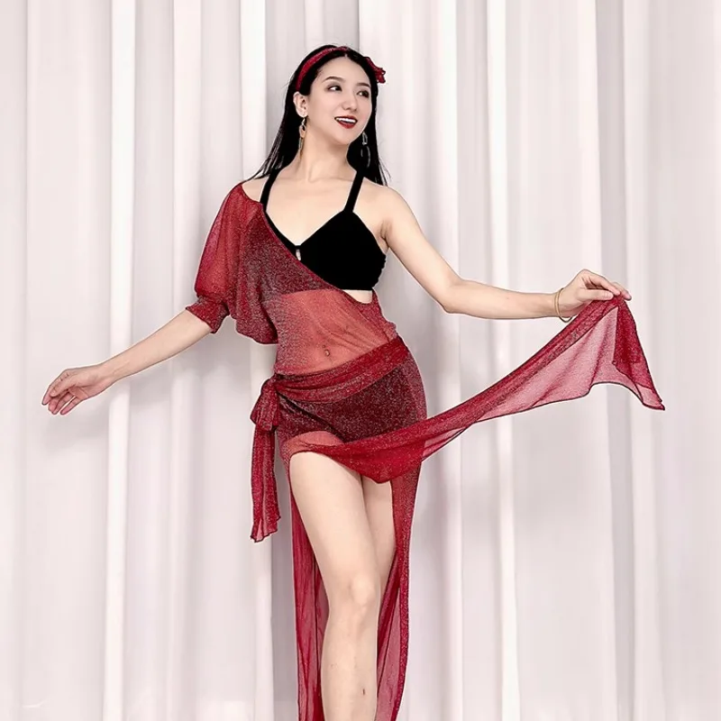 Aangepaste buikdans oefenjurk Baladi Folk Robe Micro Transparant Sexy Pure Desire Wind Star Internet Rode sprankelende zijde