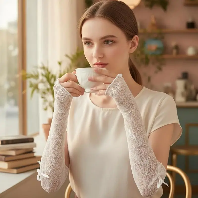 Y2K Sweet Lace Fingerless Gloves Ruffle Mesh Kawaii Lolita Accessories for Women Casual Wear Party Event