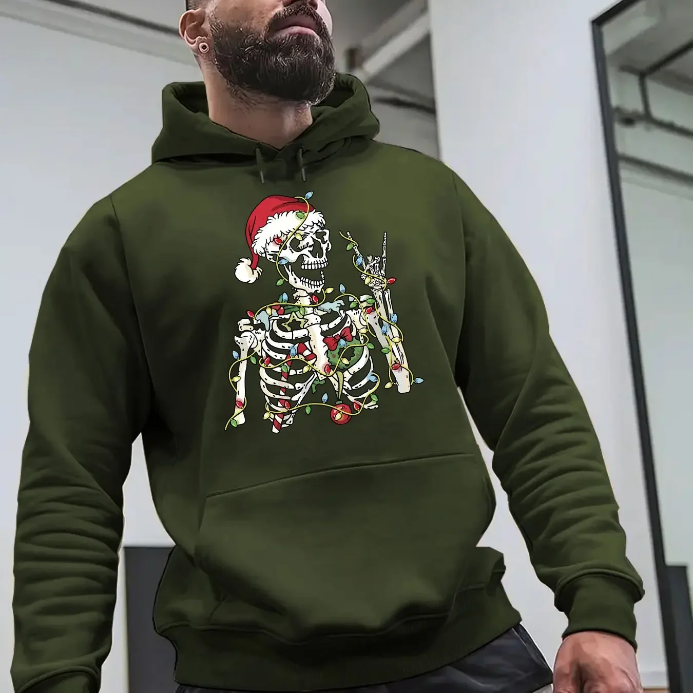 Spooky Xmas Skull Skeleton Santa Cap Multicolor String Light Edgy Casual Holiday Hooded Sweatshirt Men Women Christmas Hoodie - view 2