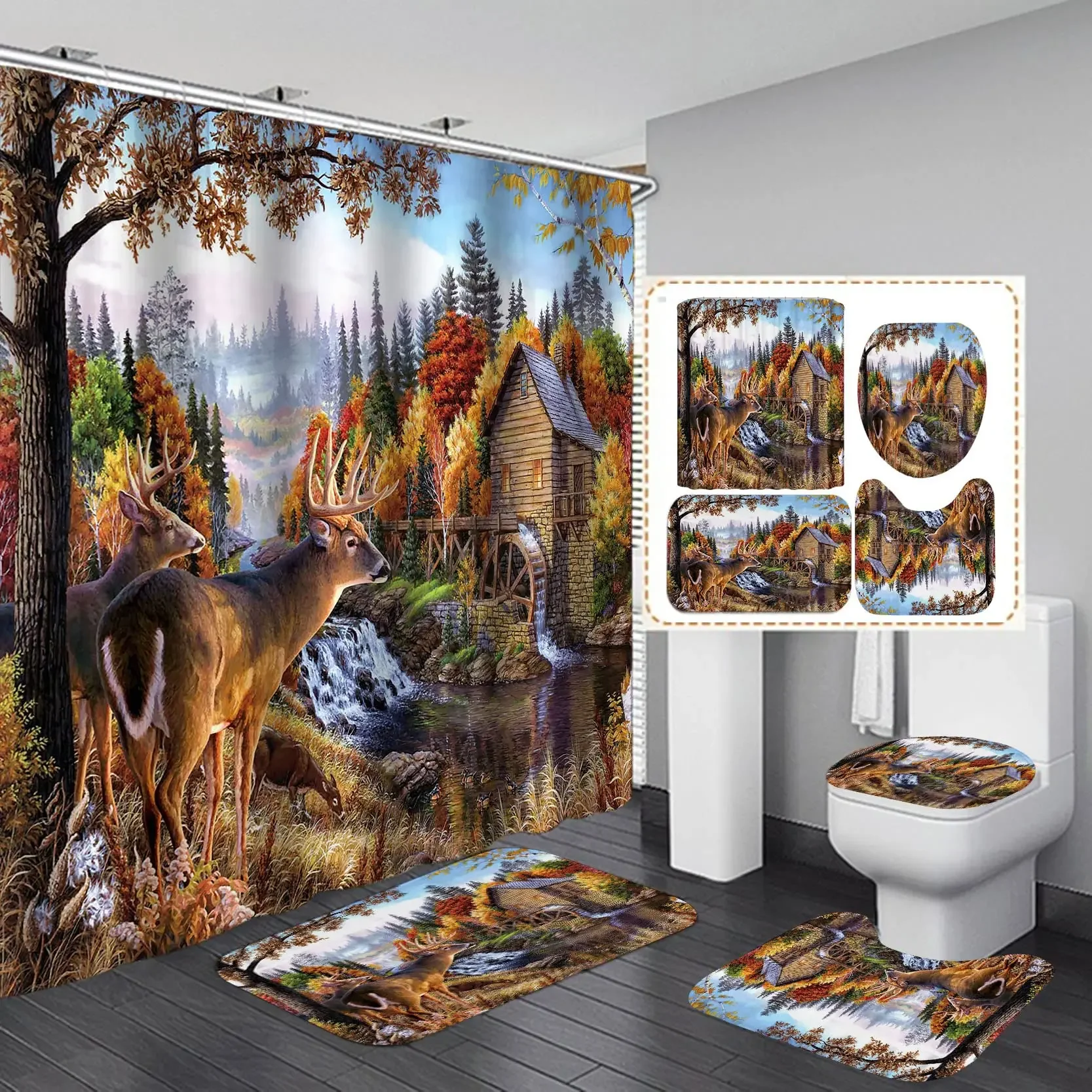 Hunting Camo Elk Moose Bear Deer Shower Curtain Set Bathroom  Wild Animals Forest Bath  Mats Rugs Woodland Lodge Decor