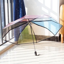 Transparent Umbrella Korea Girl Gifts Rainbow Color Travel Women Windproof Three Folding Clear Automatic Rain Umbrellas