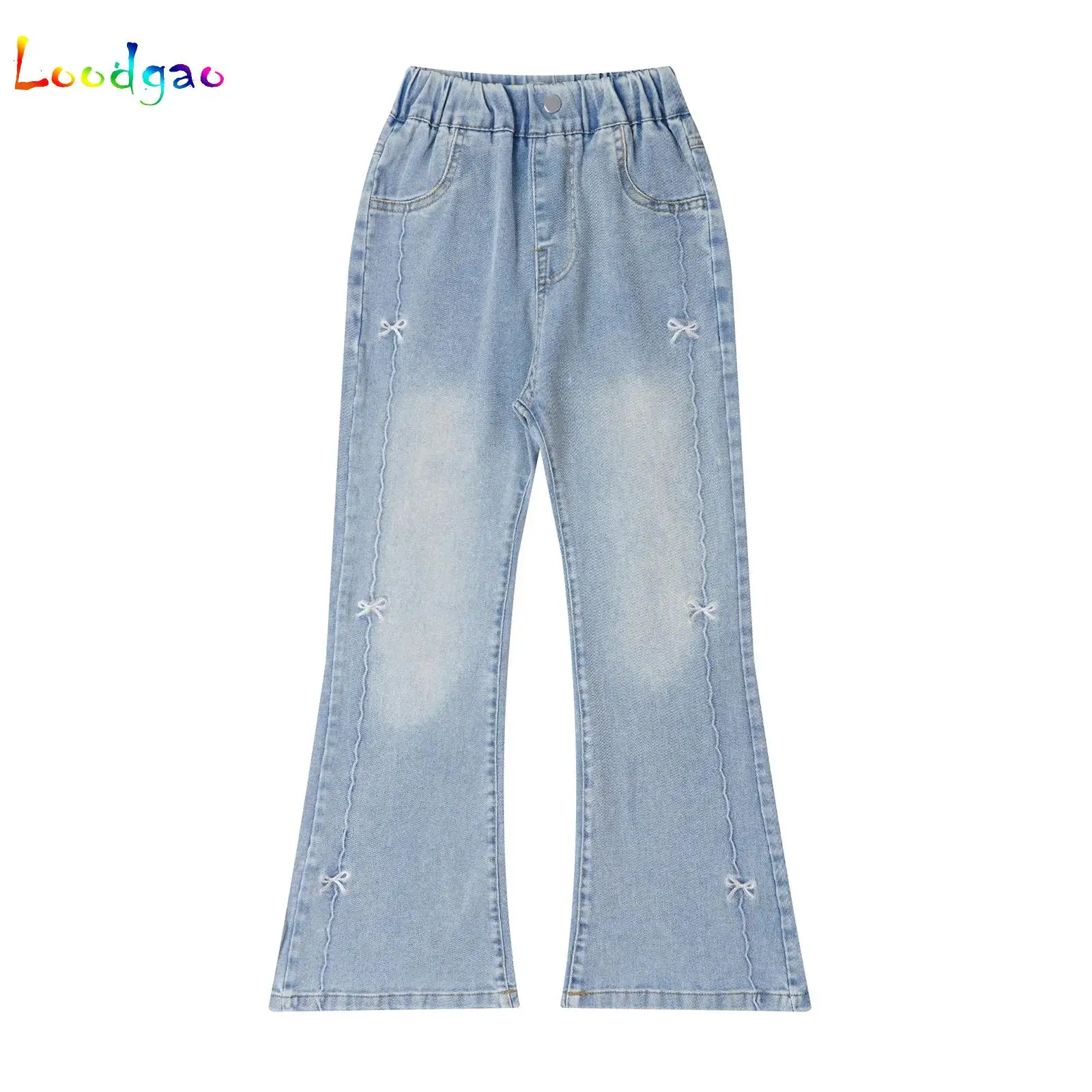 

Kids Girls Cute Flare Jeans 2025 New Autumn Children Casual Elastic Pants Bowknot Embroidery Bell-Bottom Denim Pants with Pocket