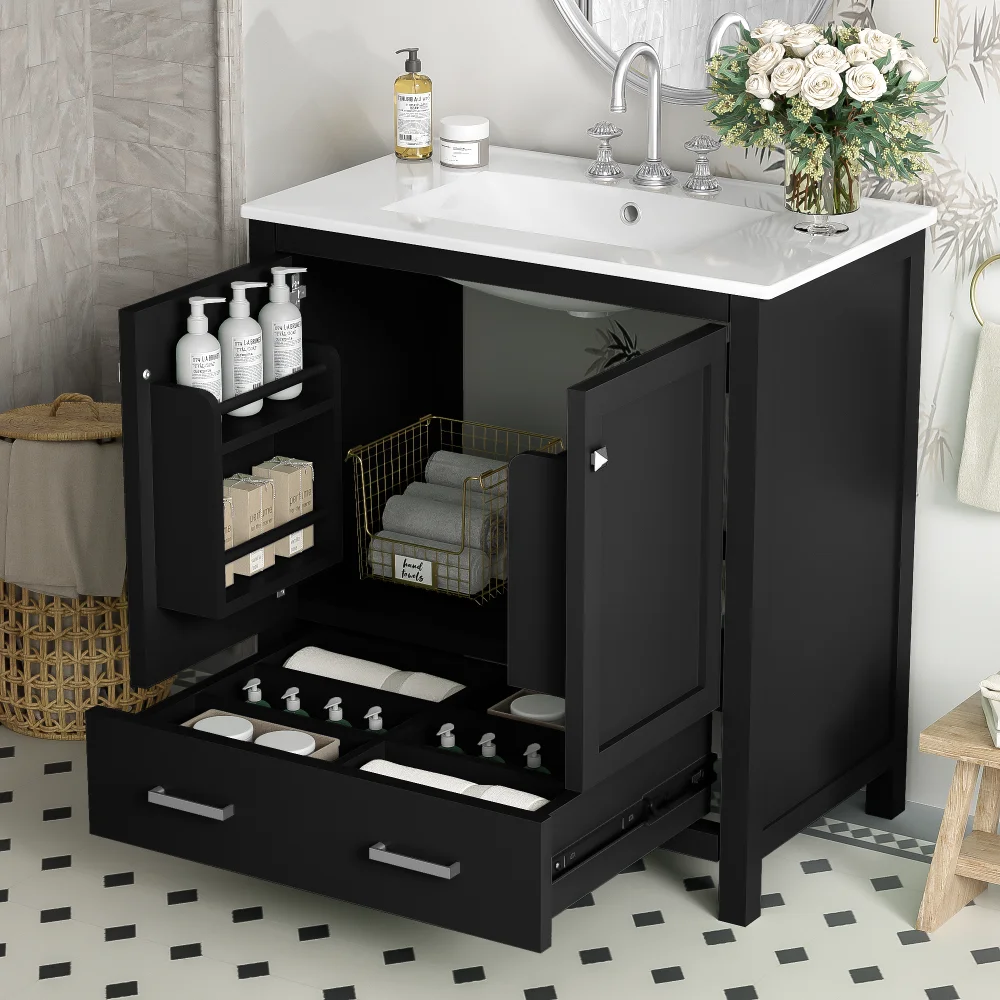 

30" Black Bathroom Vanity with Single Sink, Combo Cabinet Undermount Sink, Bathroom Storage Cabinet with 2 Doors and a Drawer