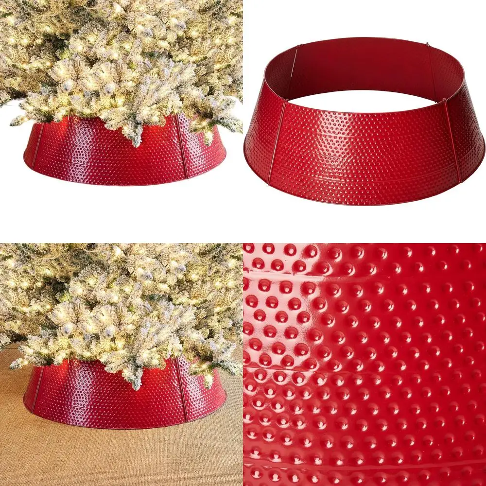 

40.5 Inch Red Hammered Metal Christmas Tree Collar, Ornamental Stand Cover for Festive Decoration