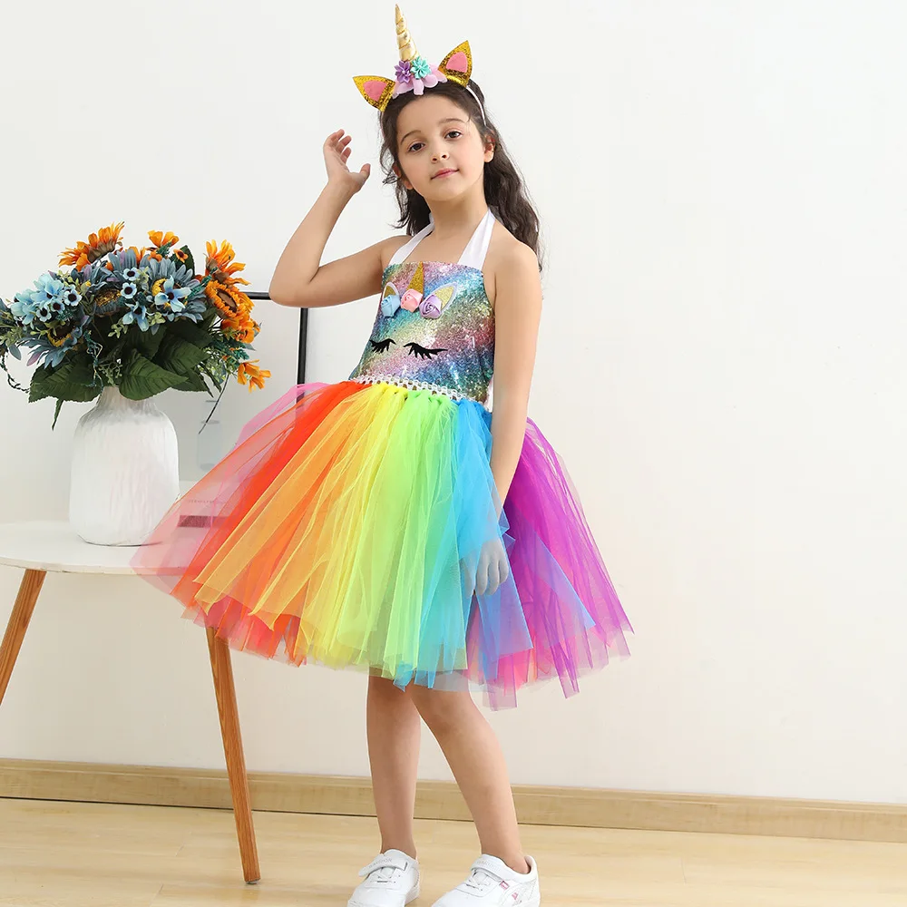 Vestido brilhante princesa tutu unicórnio para meninas, vestidos brilhantes LED, bandana de asas, fantasia de palco infantil, festa de Halloween, 2024