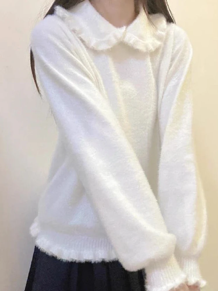 Lolita Kawaii Sweater Women Sweet Ruffle Peter Pan Collar Imitation Mink Pullovers Japanese Vintage Long Sleeve Bottoming Tops