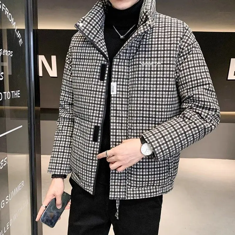 

Retro American Sle Men's down Jaet Warm Winter Coat Loose Plaid Stand Collar Men's Outerwear Casual Ci Faion
