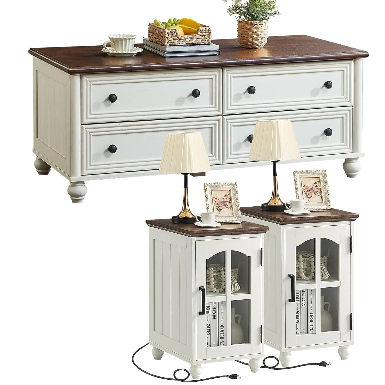 

Farmhouse Coffee Table Set Wood 48in Center Drawer Side USB Glass Barn Door Storage Living Room Hallway White ,Customized