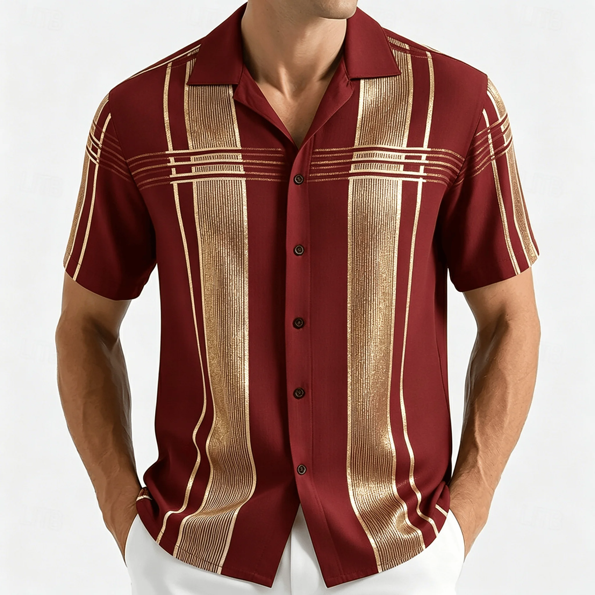 Men's Vintage Wave Print Short Sleeve Shirt, Abstract Brown Pattern, Summer Casual