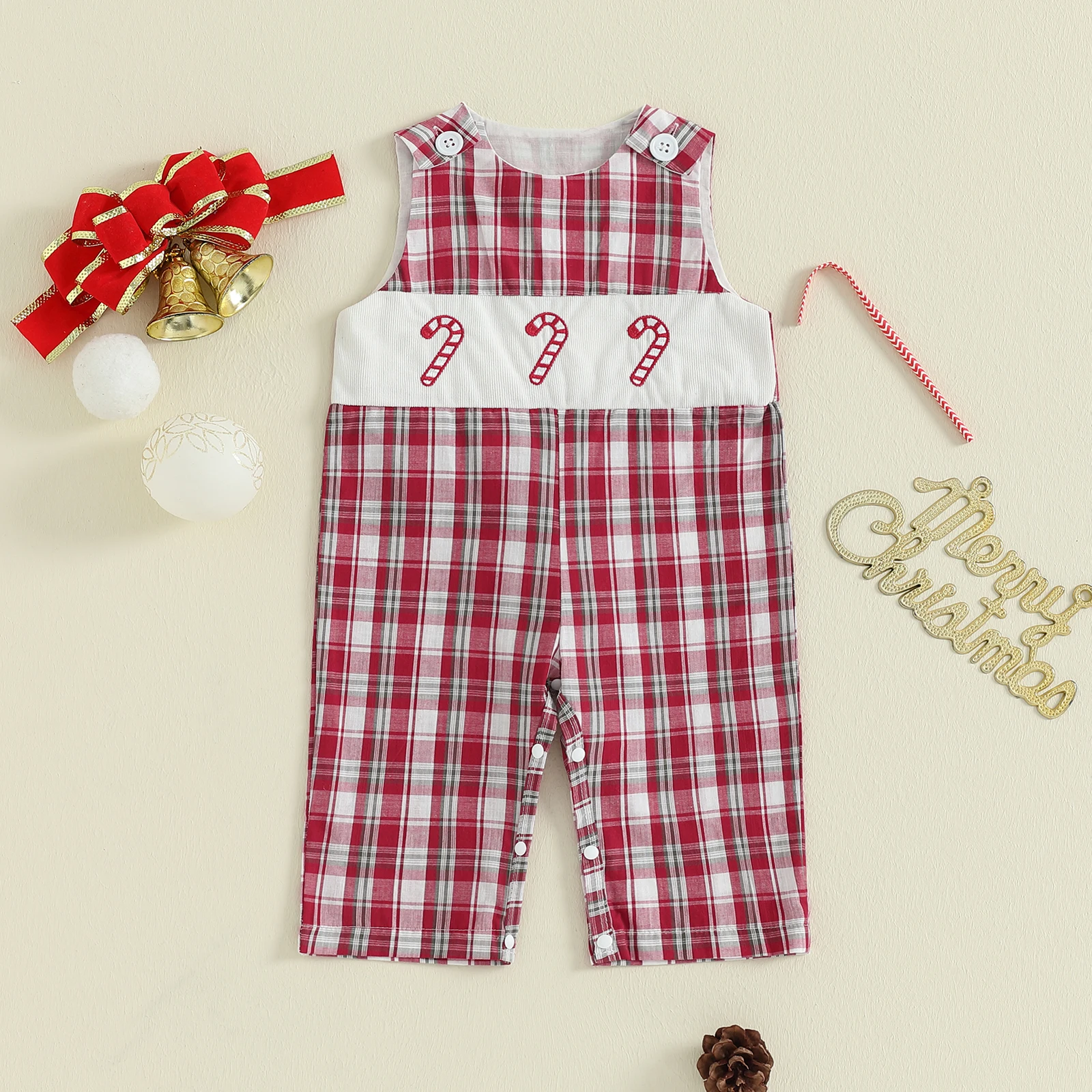 0-18 Months Baby Boy Christmas Romper Loose Fit Embroidered Plaid Crew Neck Sleeveless Infant Boy Jumpsuit