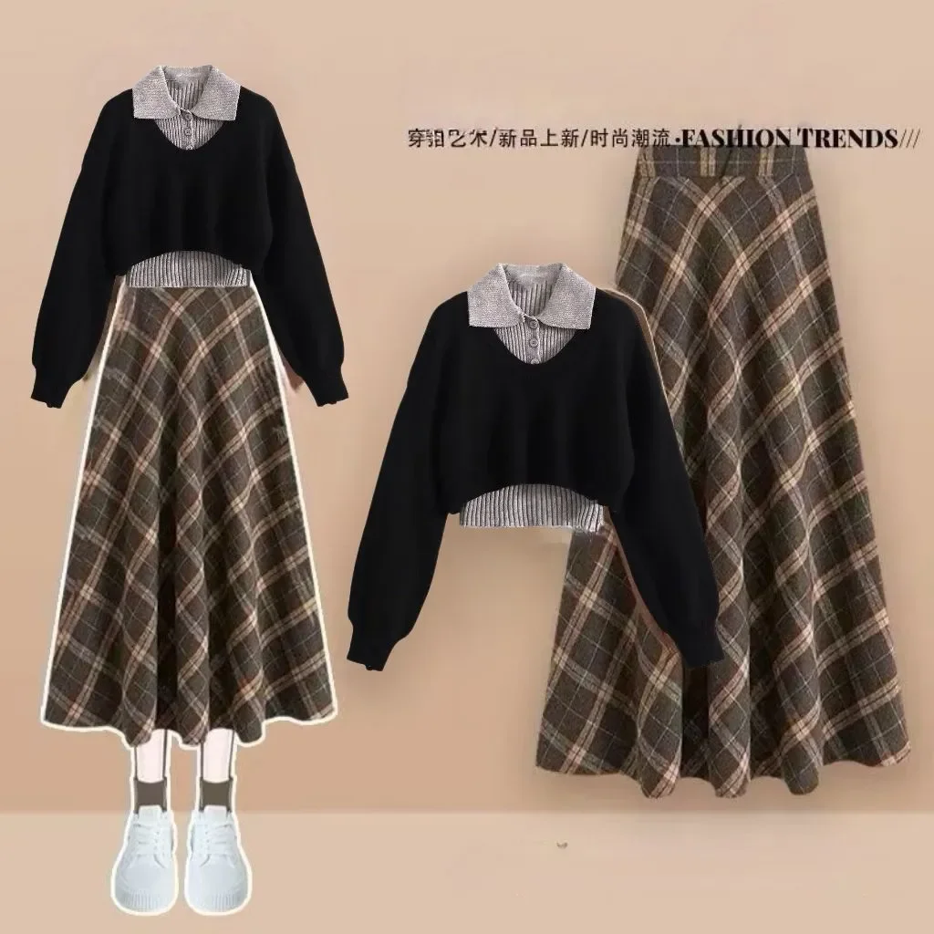 

Осенне-зимний комплект из 2025 года, новый вязаный жилет с шалью в корейском стиле, клетчатая юбка, комплект из трех предметов