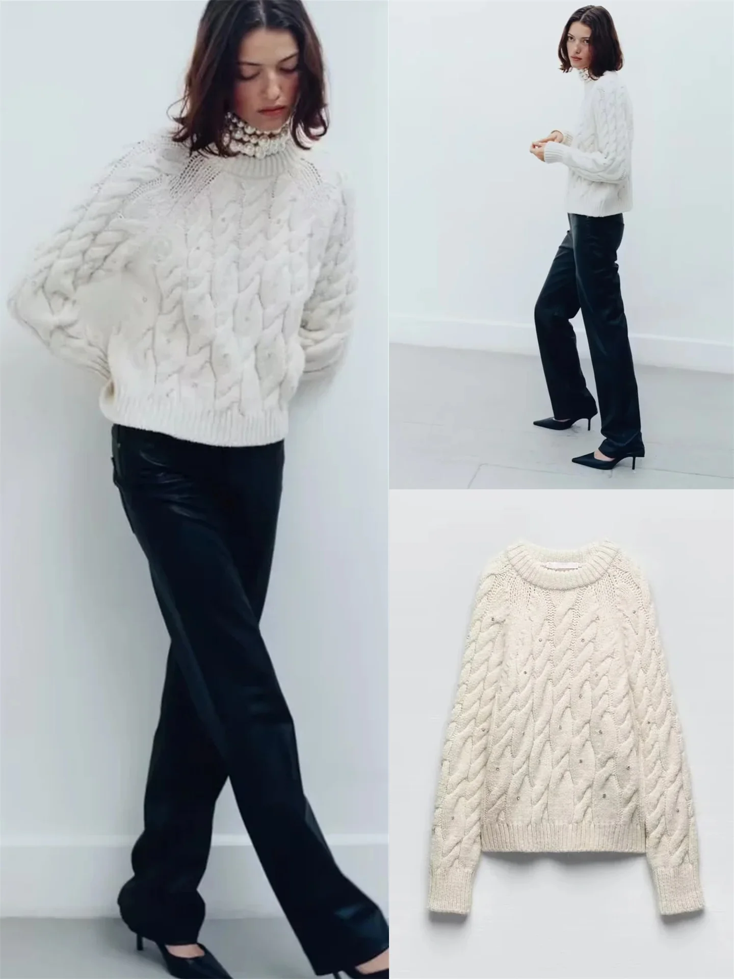 

Winter New Faion Women's Casual Knitted Sweater round Ne Diamond Decorated Eight-strand Woven Soft Polyester Blend Long S...