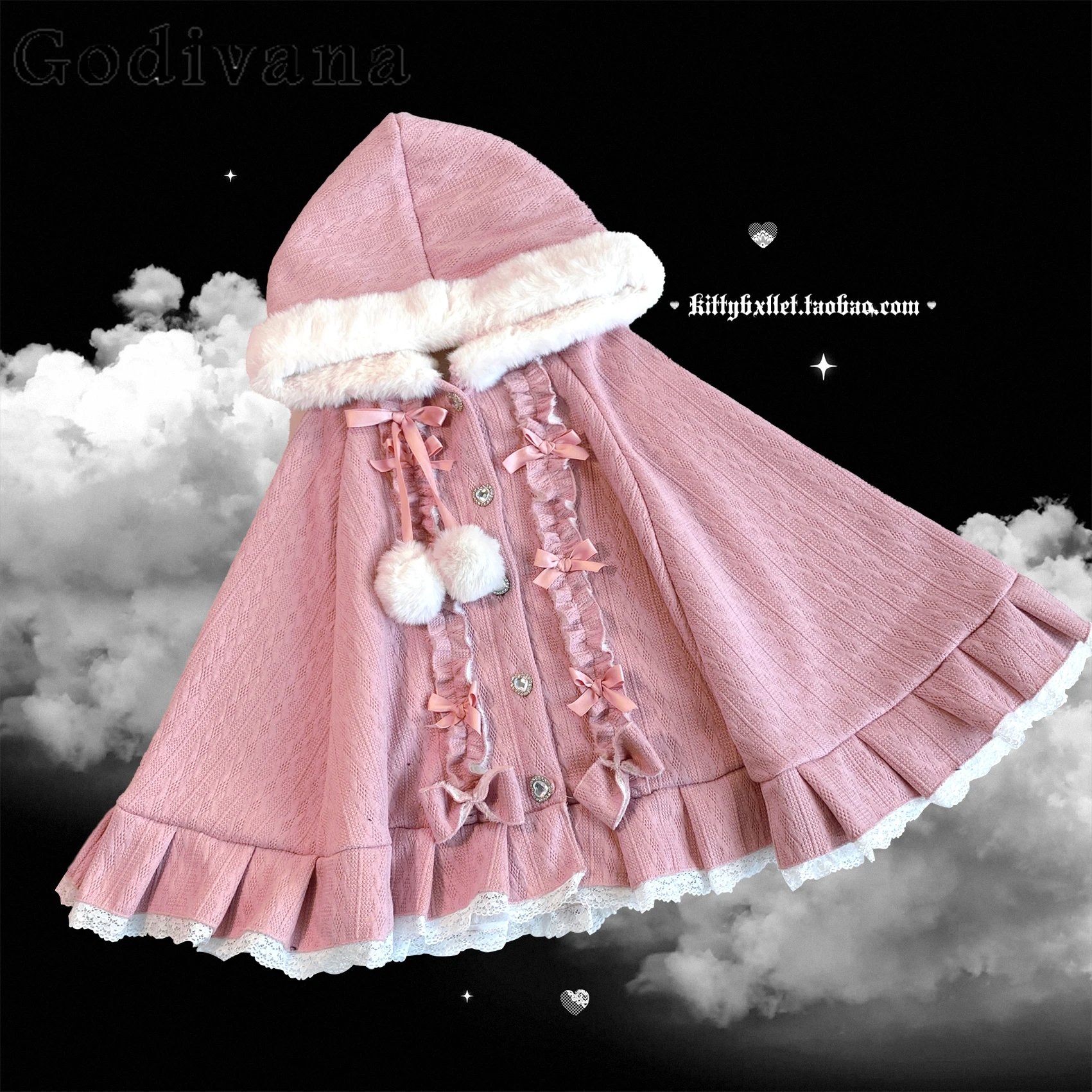 

Japanese Mine Hooded Cloak Autumn and Winter Girls Women Lace Edge Bow Single Breasted Cute Sweet Pink Ponchos Ladies Capes