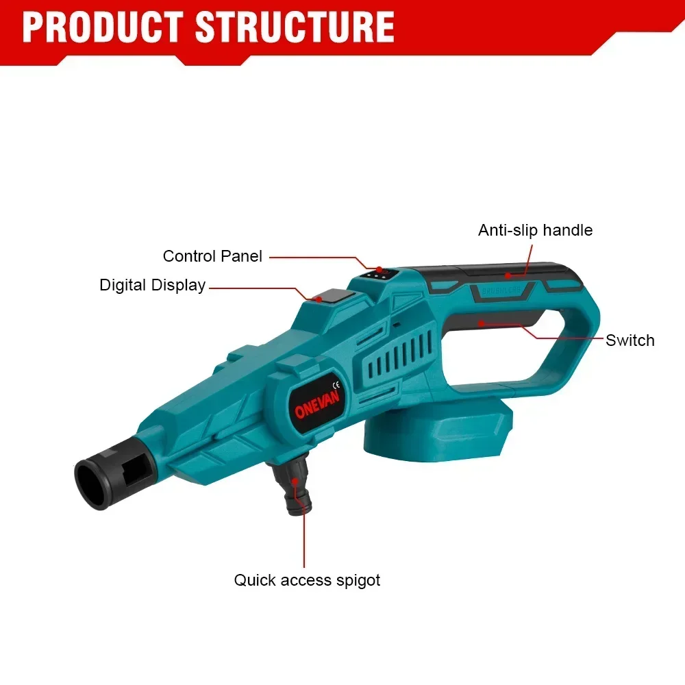 ONEVAN pistola de água elétrica sem escova, lavadora de jardim de alta pressão, lavadora de carro sem fio, bateria Makita 18V, 200Bar, 3500W