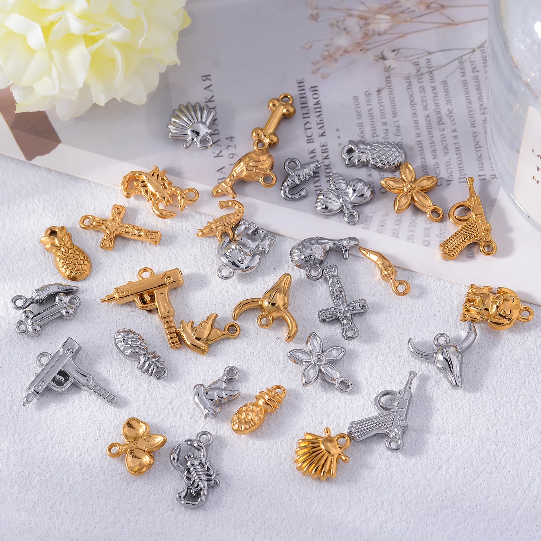 4Pcs Stainless Steel Accessories Pendant Animal Flower Cross Gun Charms For Jewelry Making DIY Necklace Earrings Bracelet