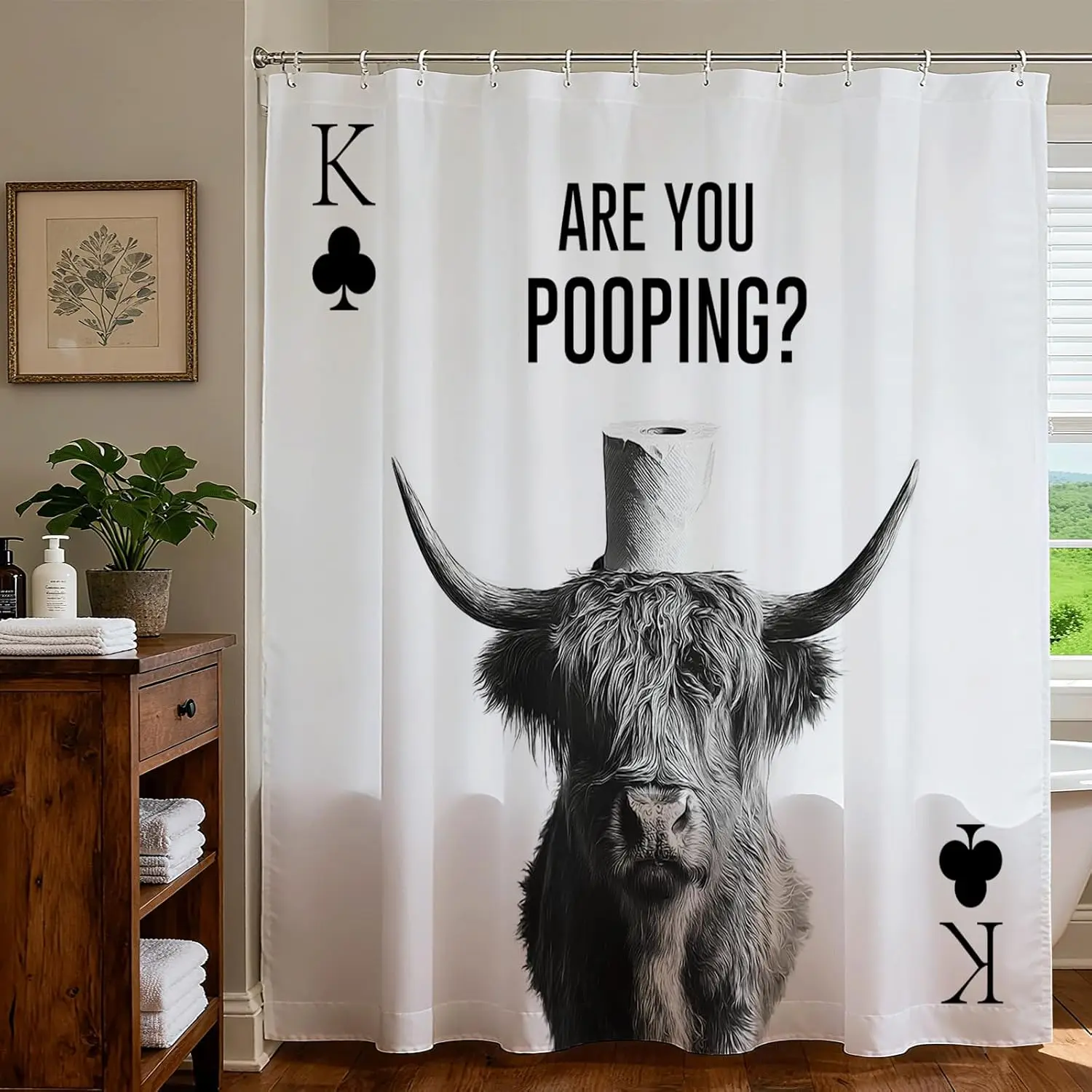 

Black and White Highland Cow Shower Curtain, Funny Western Ranch Farmhouse Cow Bathroom Decor