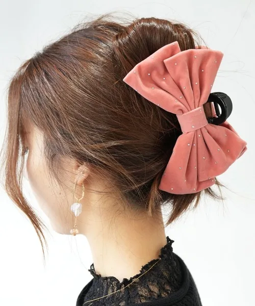 Lystrfac Velvet Rhinestone Double-sided Bow Hair Claws Clips Shark Clips Ponytail Hair Clips Back Head Hairpin Hair Accessories