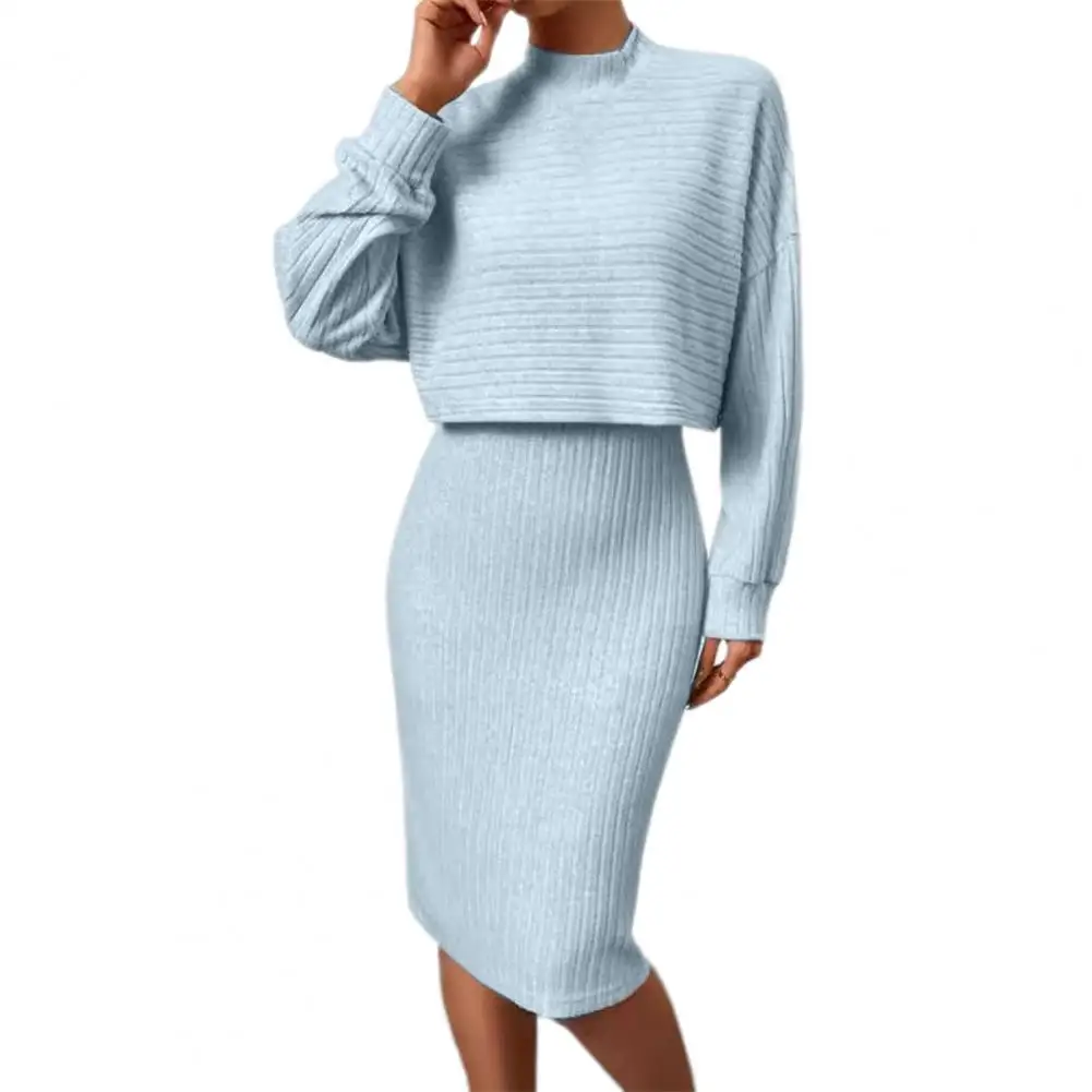 2 Pcs/Set Women Outfit Sweater Top Dress Suit Mock Collar Thread Long Sleeve Blouse Sheath Slim Knitted Dress Set