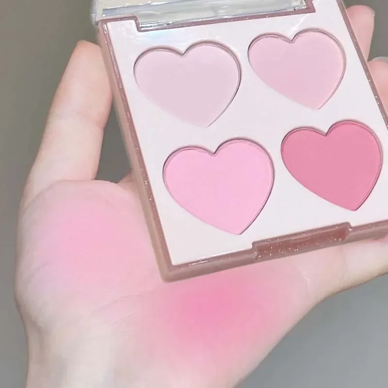 4-Color Heart Shape Blush Palette Fine Powder Texture Natural Low Saturated Peach Pink Blusher Brighten Rouge Cheek Tint Makeup