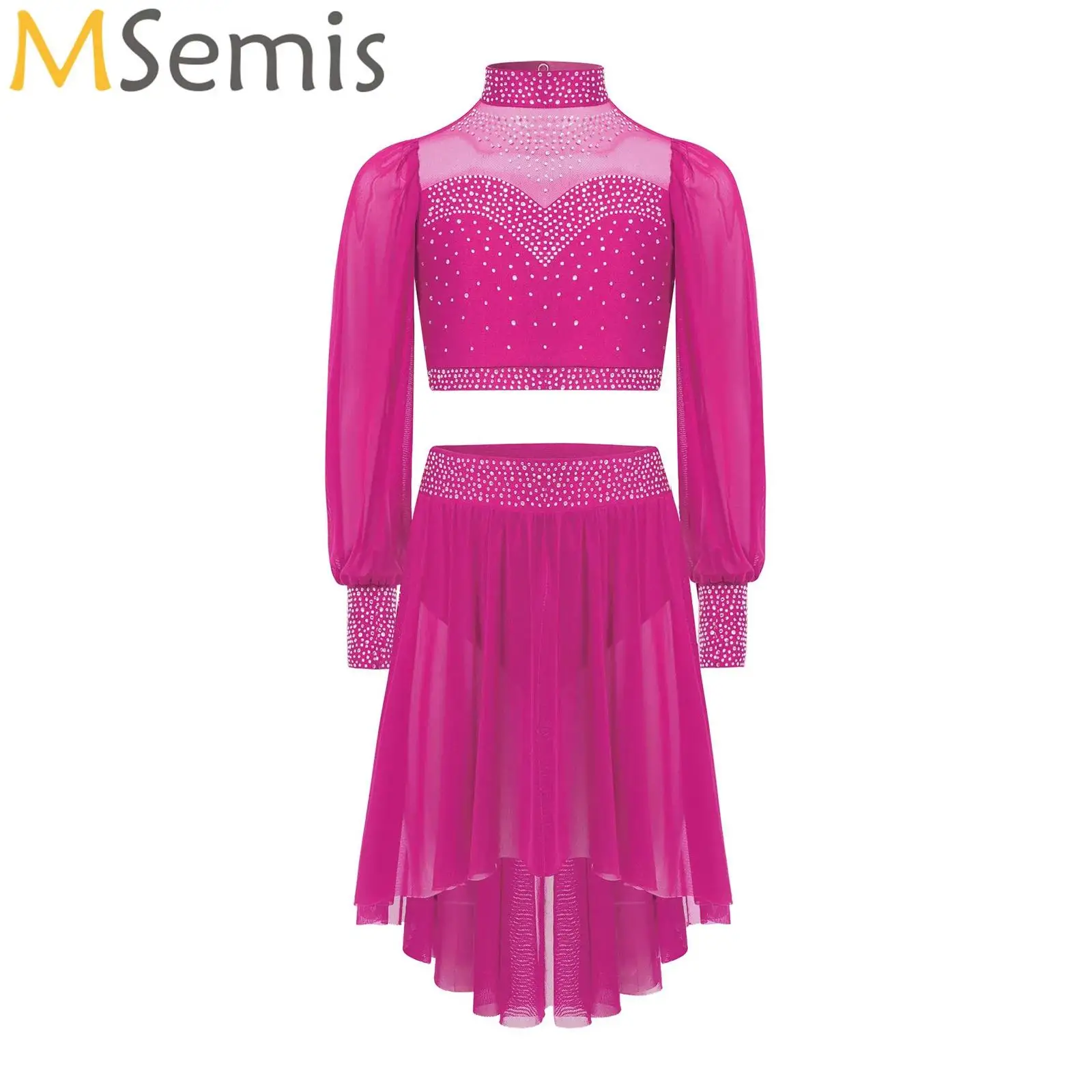 

Modern Lyrical Dance Performance Outfit Kids Girls Long Sleeves Crop Top with Leotard Skirt Figure Skating Gymnastics Dress