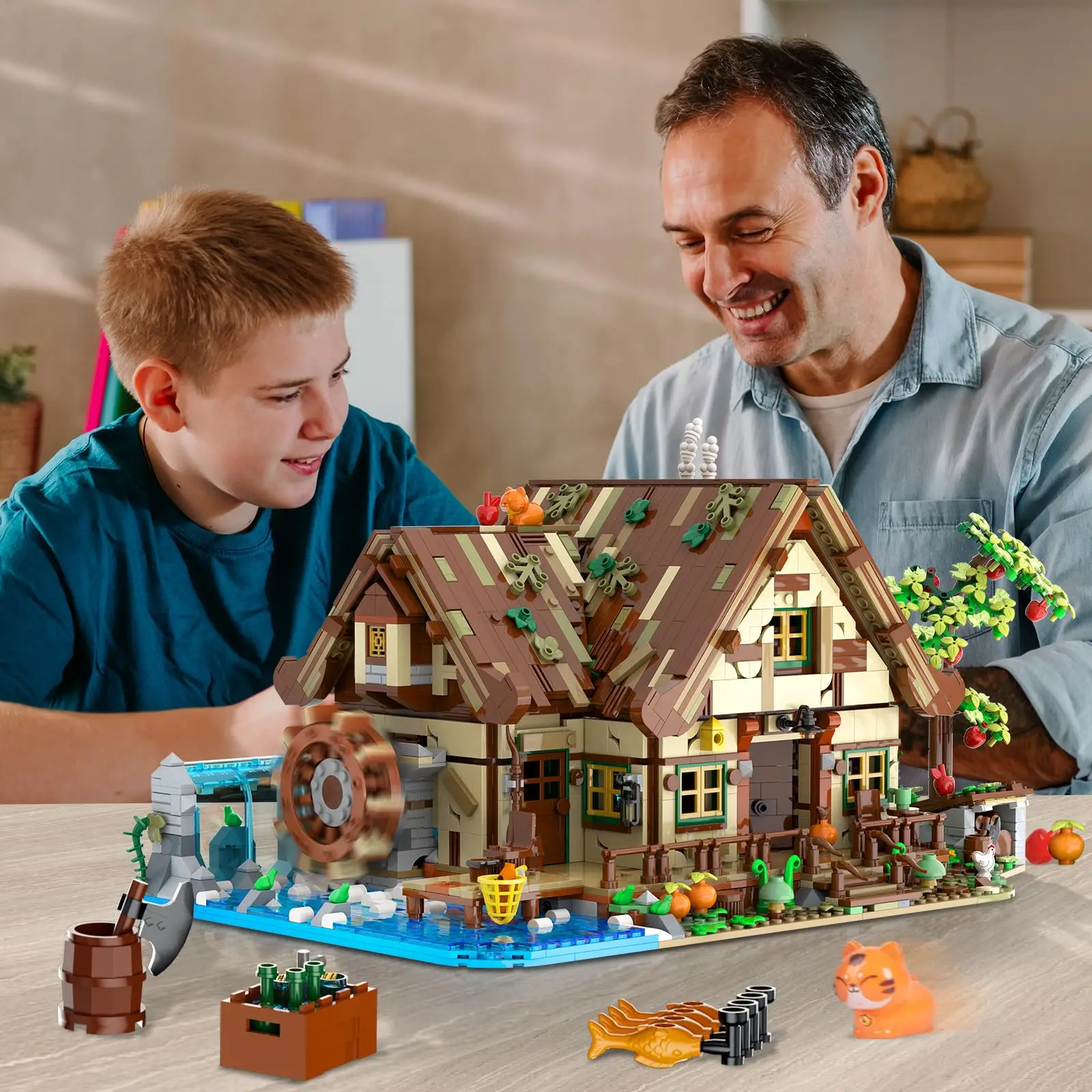 مجموعة بناء المقصورة الخشبية مع منزل غابة خشبي LED مع عجلة مائية على شكل حيوانات، نموذج بناء منزل كبير للبالغين والمراهقين