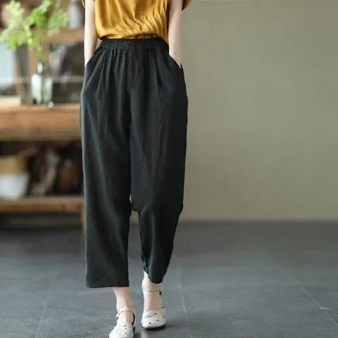 Cotton Linen Women's Loose Casual Pants High Waist Elastic Waist Wide Leg Straight Cut Summer New Style Retro Slimming White