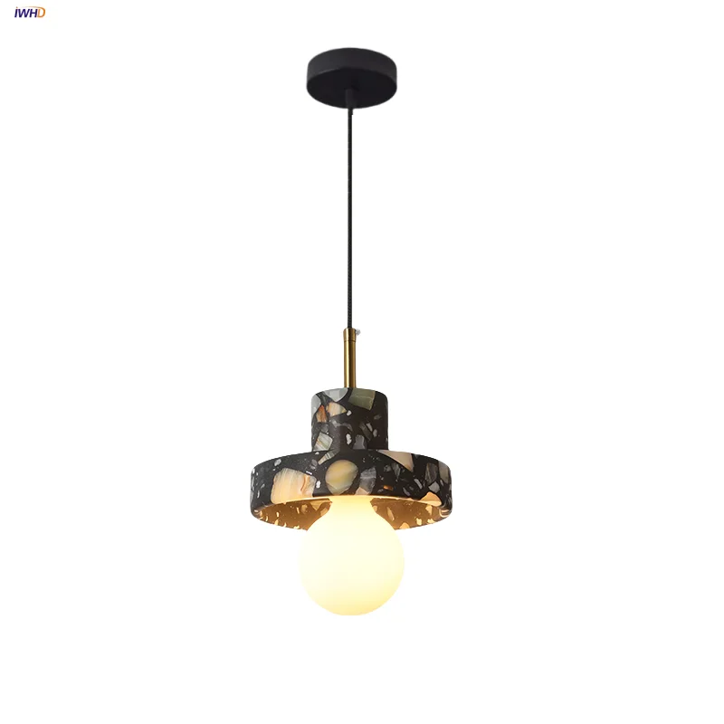 

IWHD Home Decor LED Pendant Lights Bedroom Kitchen Coffee Nordic Modern Simple Black Terrazzo Stone Hanging Lamp Lampu Gantung