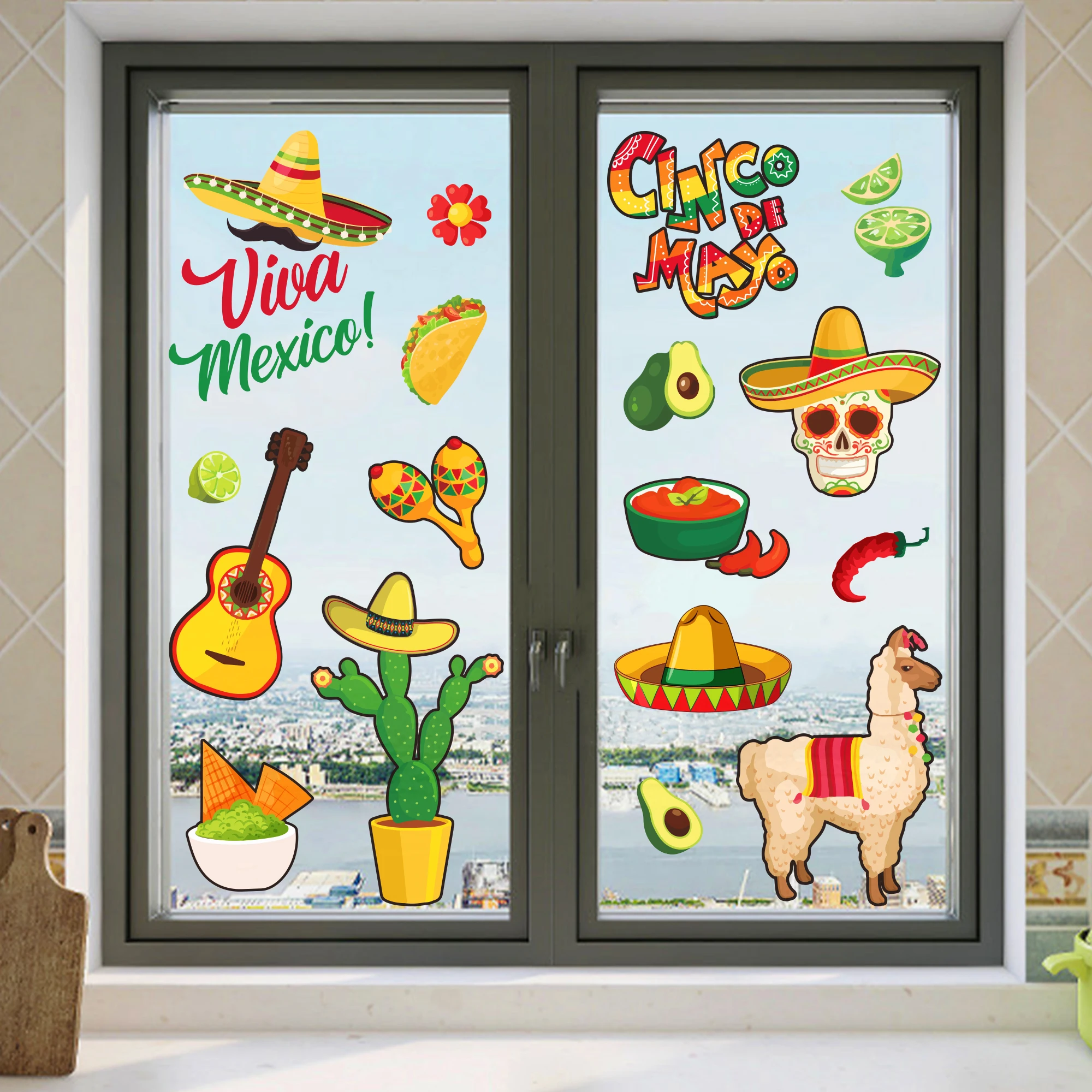 8 Sheets Cinco de Mayo Mexican Party Decoration Window Static Stickers Fiesta Cactus Party Decor Ornaments Home DIY Glass Clings