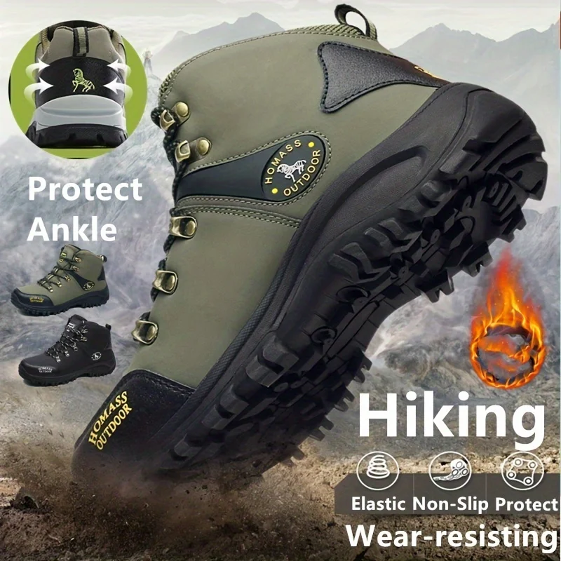 Men Hiking Shoes Outdoor Warmth Plush Lace-up Anti-slip Men High-top Boots Breathable Thick-soled Casual Sports Shoes Men