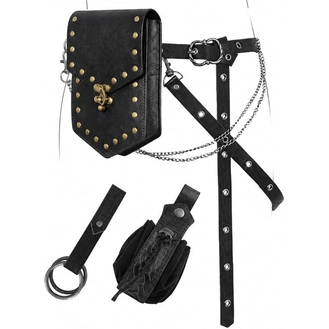 1PC/4PCS Medieval PU Leather Waist Bag Viking Multi-Layer Belt Hiking Skirt Clip Retro Halloween Costume Prop for Men And Woman