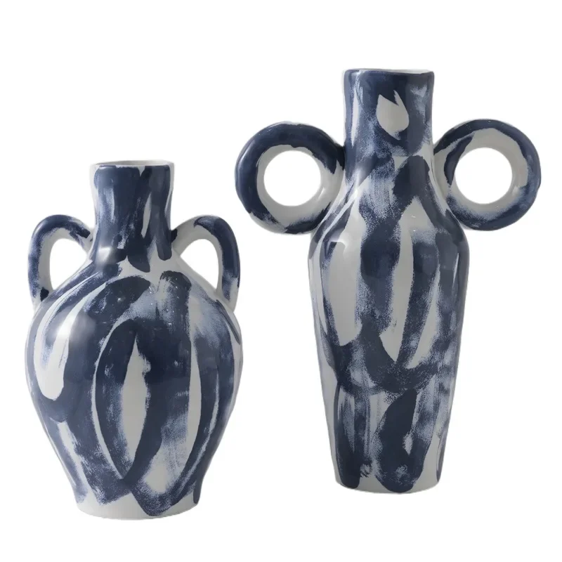 ceramic vase ornaments, blue hand-painted special-shaped flower vessels, model rooms, hotel and B&B flower arrangements