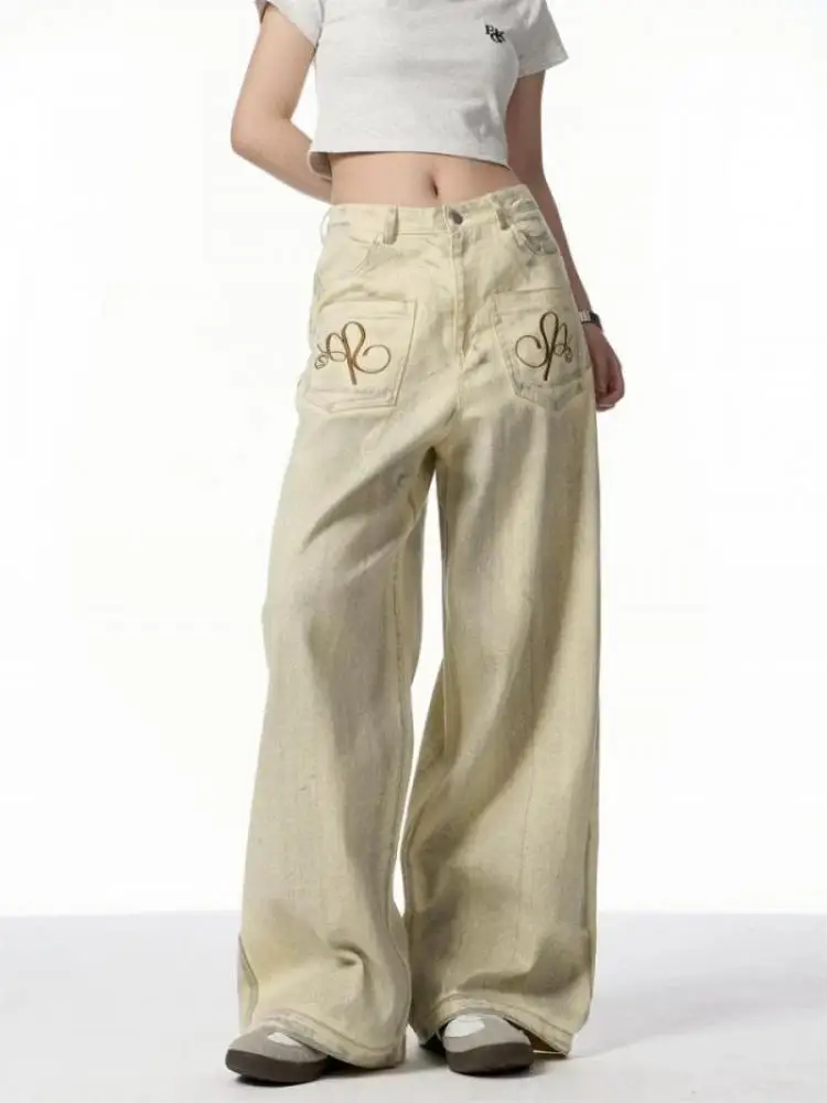 

Women Dirty Dye Washed Jeans High Street Distressed Reverse Design Loose Wide Leg Pants Trendy Brand Straight Leg Denim Trousers
