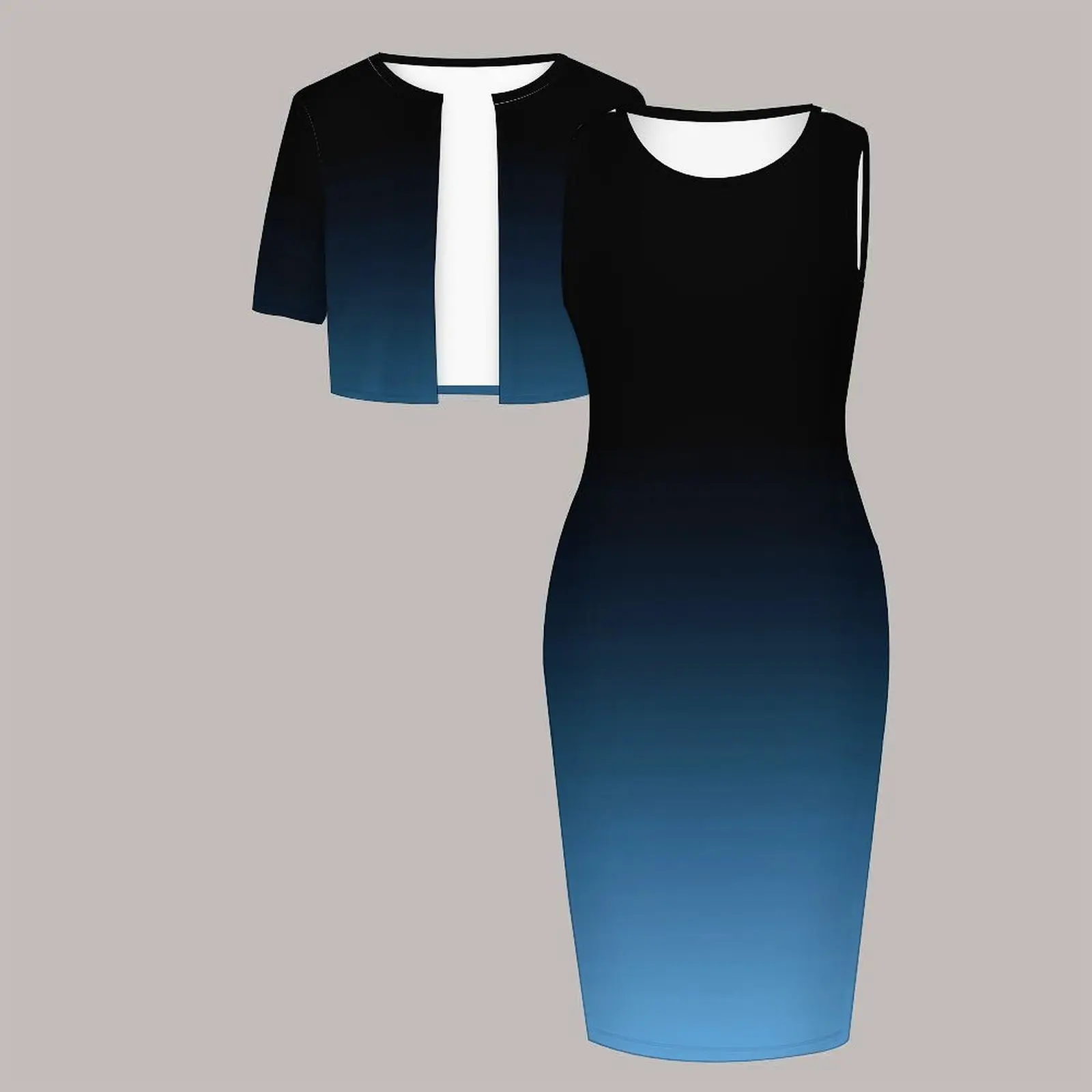 Plus Size 2pcs Women's Formal Elegant Styling Tight Dress  Round Neck Print Knee-length Skirt Short-sleeved Coat Sleeveless Suit