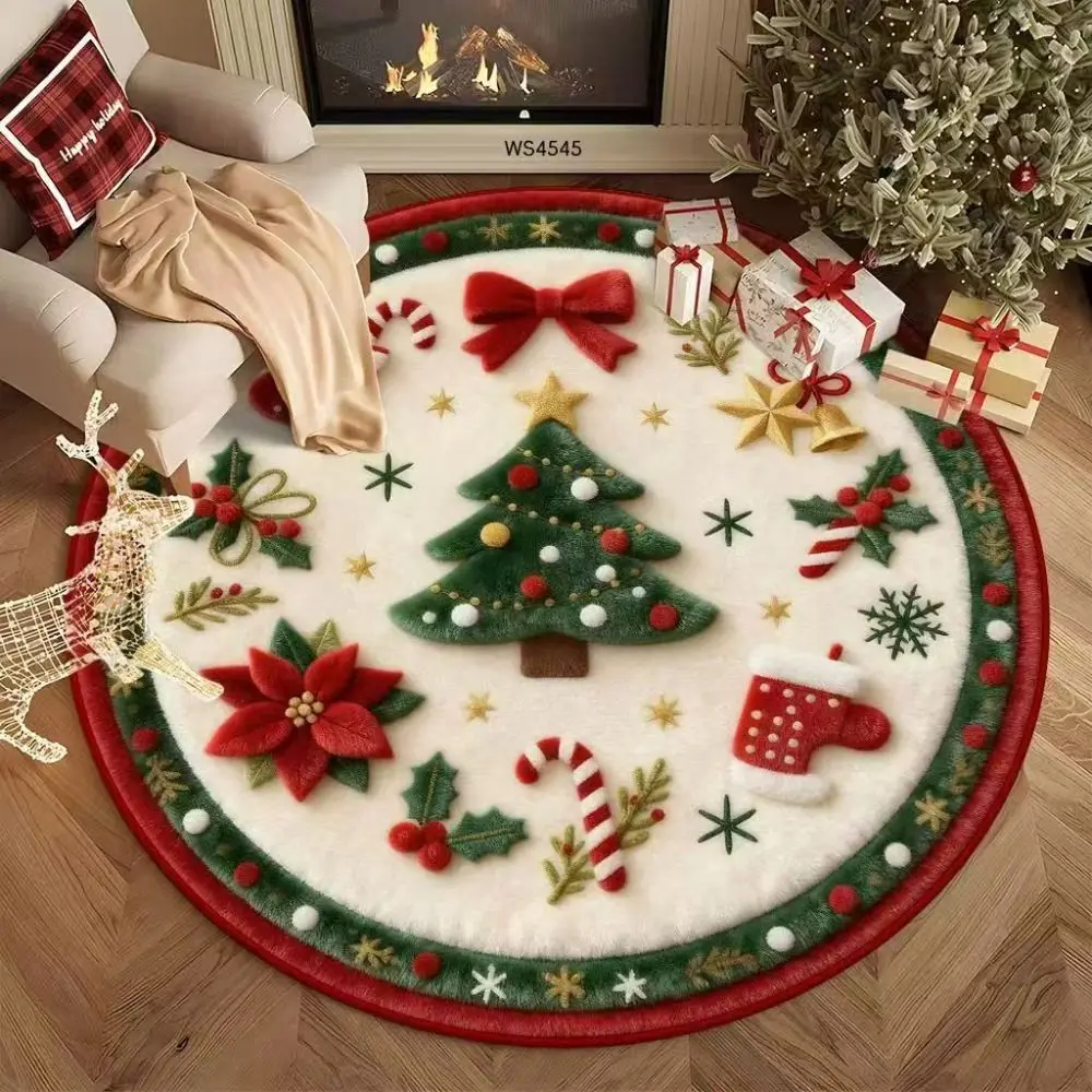 New Crystal Velvet Christmas Round Rug Thickened Soft Bathroom Mat Decorative Non-Slip Living Room Carpet Home Decor