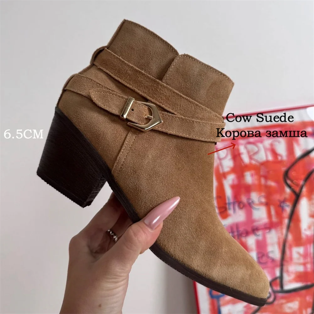 FEDONAS Women's Suede Western Ankle Boots with High Heels