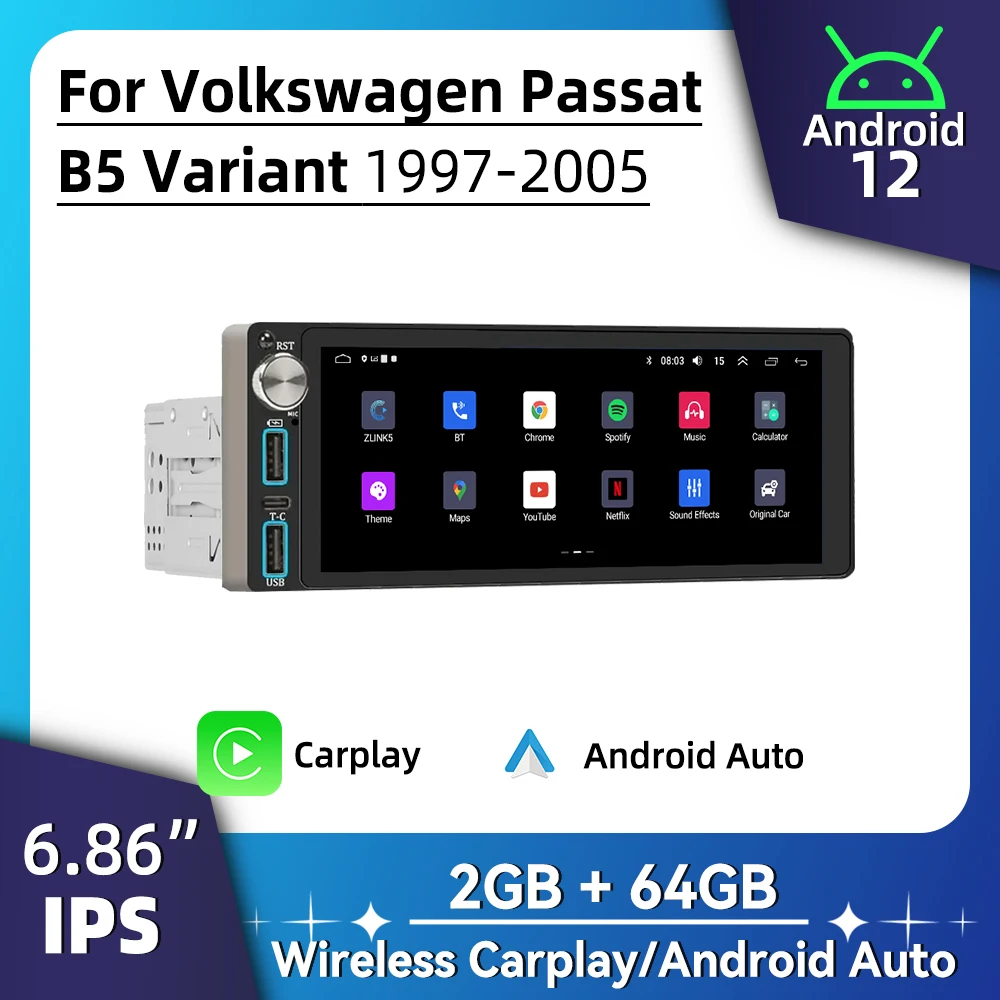 

Carplay Autoradio Android Car Multimedia for VW Volkswagen Passat B5 Variant 1997-2005 6.86" Screen 1 Din Radio Stereo Head Unit