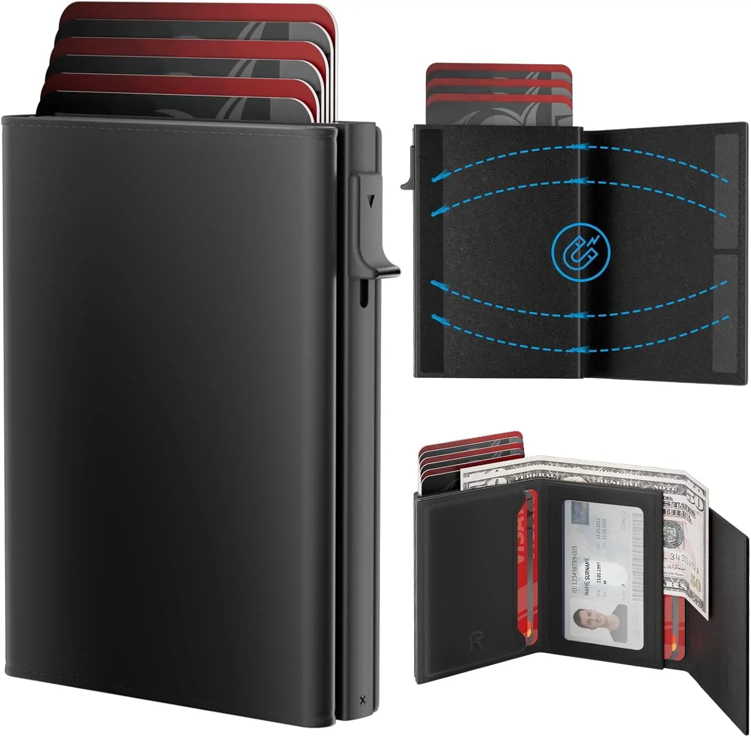 

Мужской тонкий кожаный кошелек с защитой от RFID и выдвижным отделением для карт, вмещает 9-14 карт, с окошком для ID и отделением для наличных, черный цвет