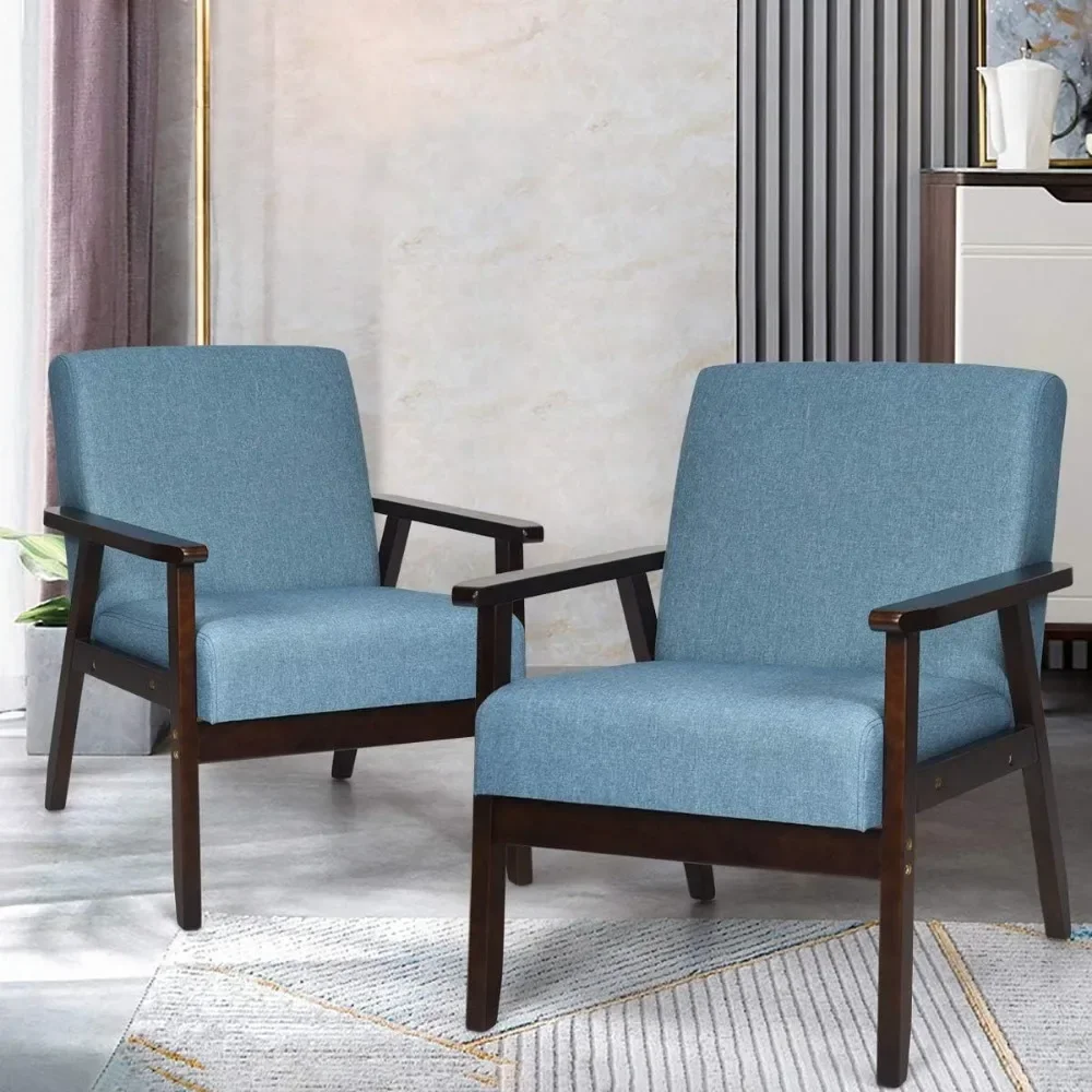 

Mid-Century Modern Chair, Retro Fabric Armchair w/Tufted Back, Solid Hardwood Made, Upholstered Linen