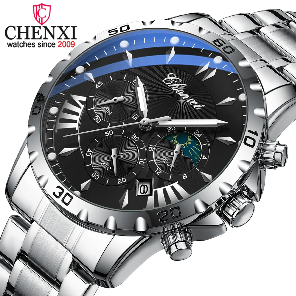 

CHENXI мужские часы с хронографом и фазой Луны, высококачественные кварцевые мужские наручные часы из нержавеющей стали, водонепроницаемые светящиеся модные повседневные часы