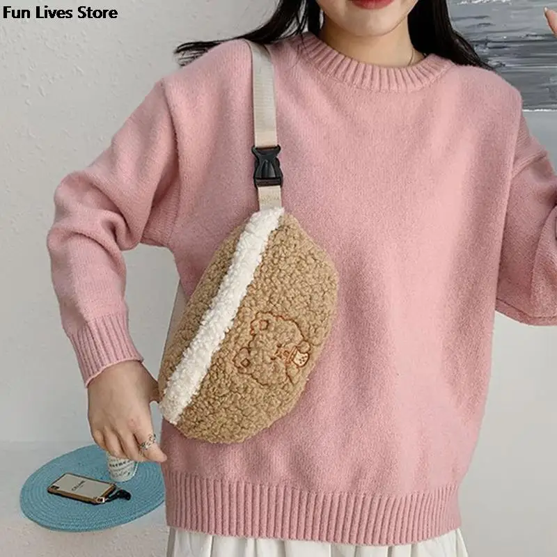 Sac de taille en peluche Kawaii pour filles, mini sac à main pour téléphone, sacs ours adorables, sacs de poitrine en fourrure chaude, sacs à main initiés en plein air, gels souples, hiver